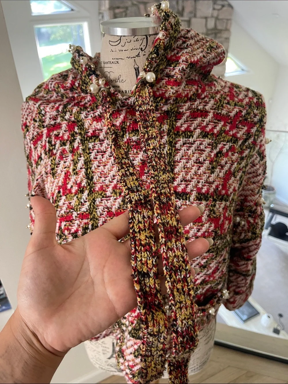 Zara Red, White & Green Tweed Pearl-Trim Hooded Jacket